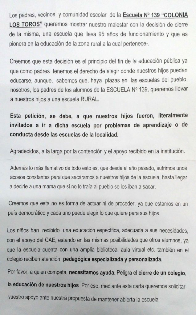 Nota de Padres, Vecinos y Comunidad Escolar de la Escuela 139 Los Toros
